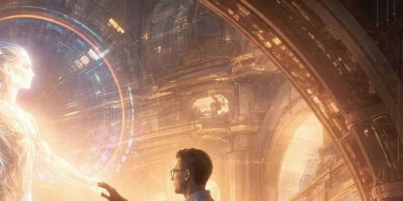 A glowing, translucent figure made of light reaches a hand toward a man with glasses in a vast golden hall with arched windows.