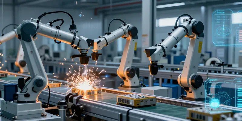 Robot arms weld circuit boards on a factory conveyor line, sparks flying, with holographic data panels floating beside them.