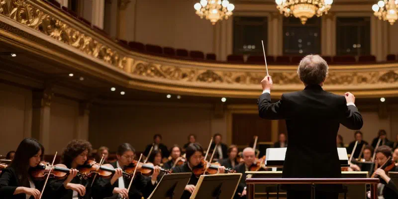 A conductor seen from behind, baton raised, facing an orchestra of string players in an ornate concert hall.