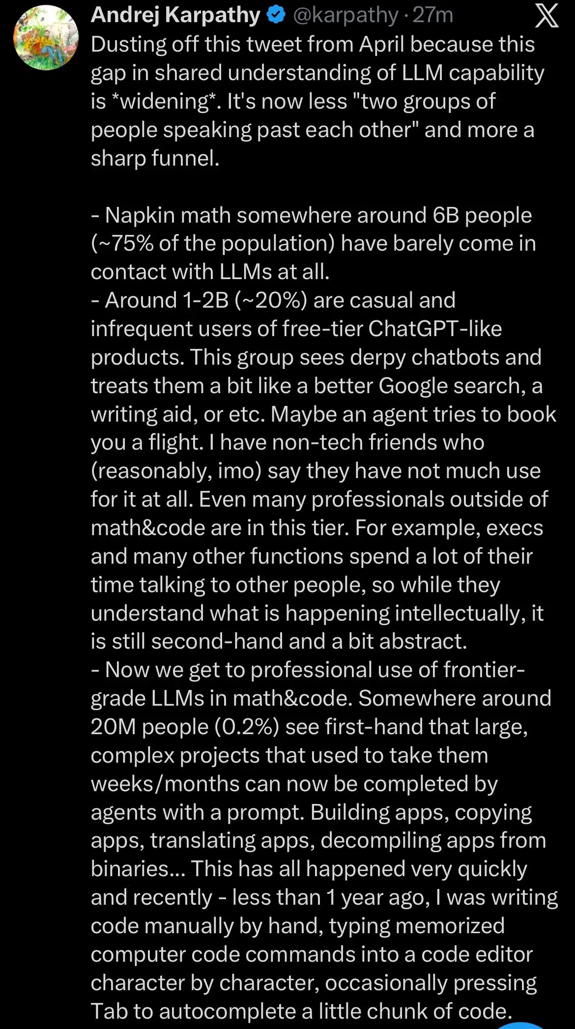 Screenshot of an X post by Andrej Karpathy. He says the gap in shared understanding of LLM capability is widening into a sharp funnel: ~6B people (~75%) have barely used LLMs, 1-2B (~20%) are casual free-tier chatbot users, and ~20M (0.2%) use frontier-grade LLMs professionally in math and code, where agents now finish weeks-long projects from a prompt.