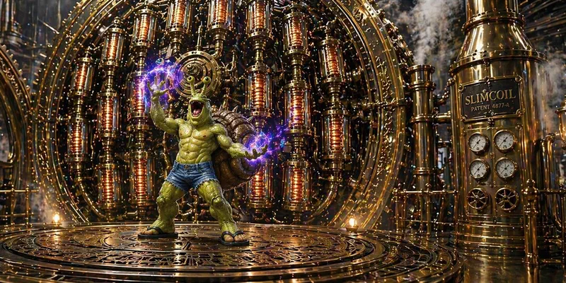 A green, shelled, horned creature in denim shorts, purple magic crackling in its hands, stands before a huge brass engine of gears and glowing tubes.