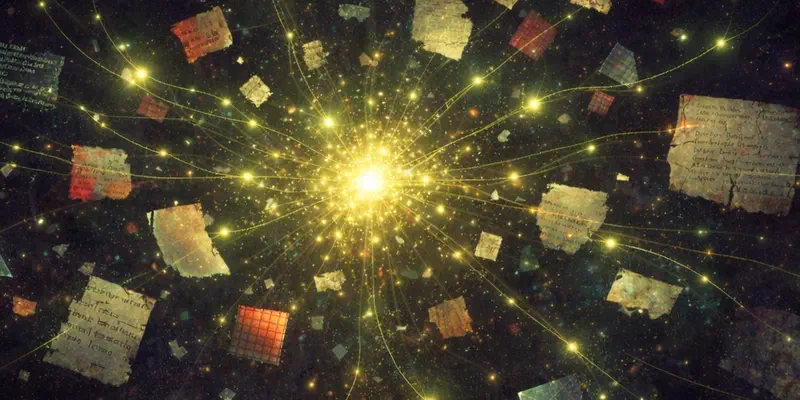 Torn pages and handwritten notes drifting through a dark starfield, joined by thin golden threads to a bright point of light at the centre.
