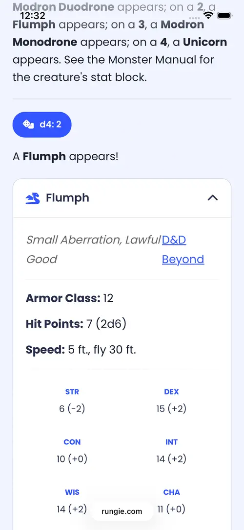 A creature summon result showing a Flumph with its full stat block